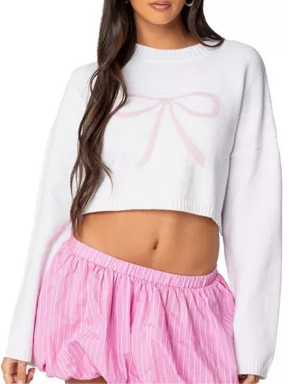 Edikted White Cropped Sweater with Pink Bow Accent size XS